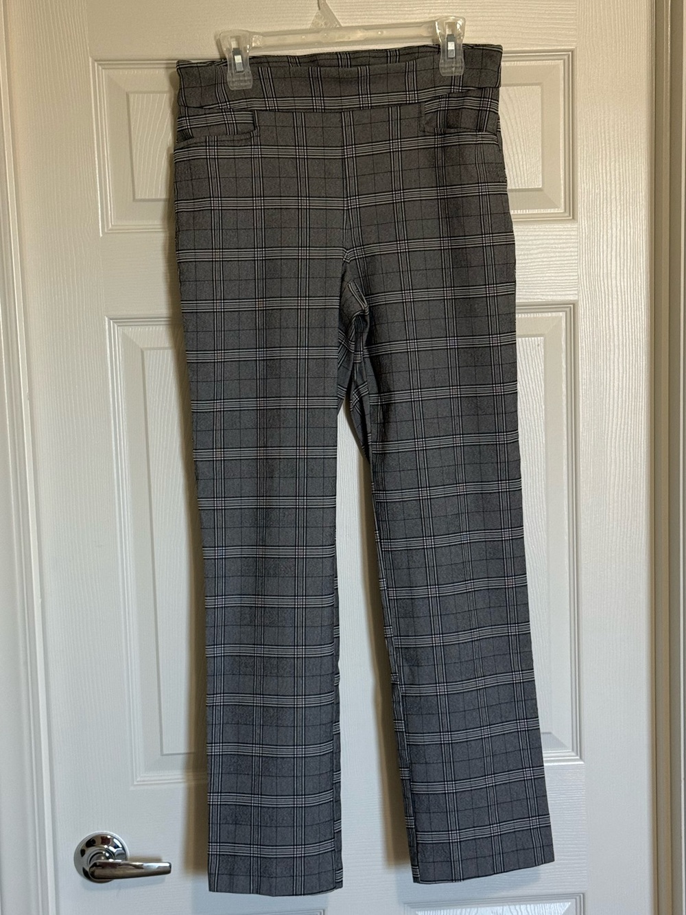 NWOT Time and Tru Gray Glen Plaid Straight Leg Pants L 12-14 Stretchy Pull On